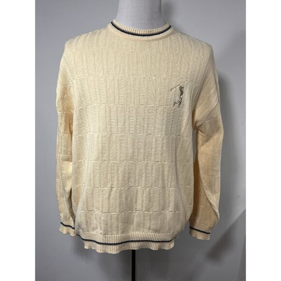 Carmel Other - Vtg Carmel Cotton Knit Sweater Cream Yellow Blue Trim Golfer Made in USA L Golf